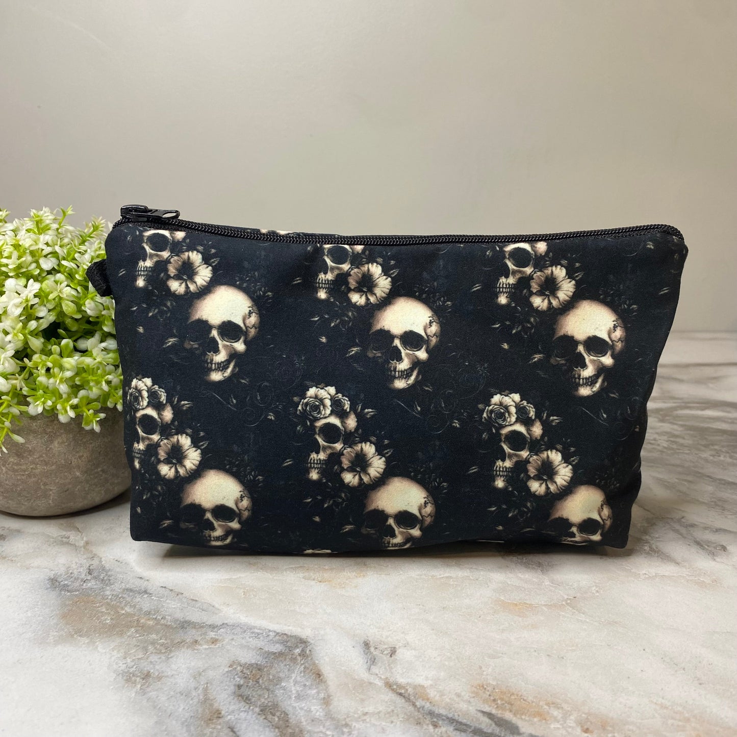 Pouch - Halloween Fall, Black Floral Skull