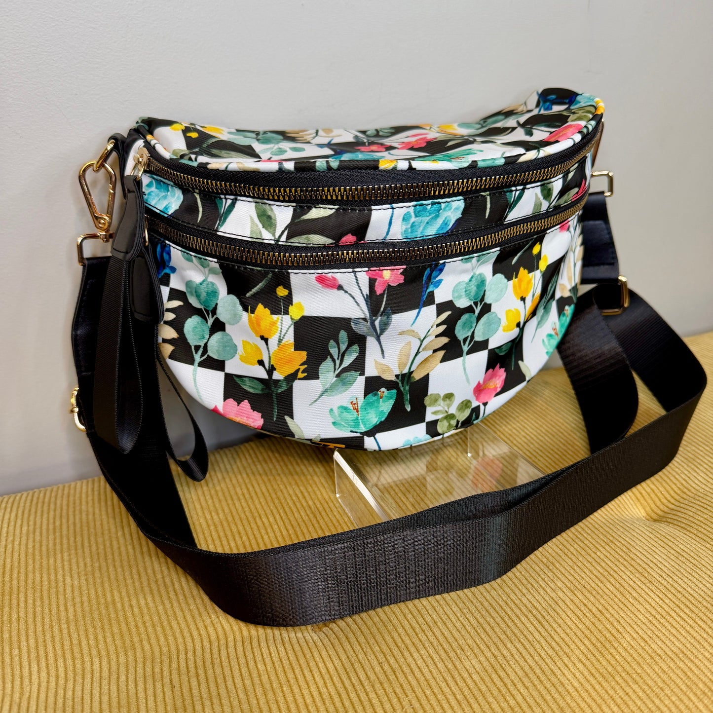 The Roni Nylon Crossbody - Floral Checker