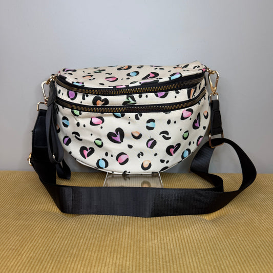 The Roni Nylon Crossbody - Animal Print Multi Color Hearts